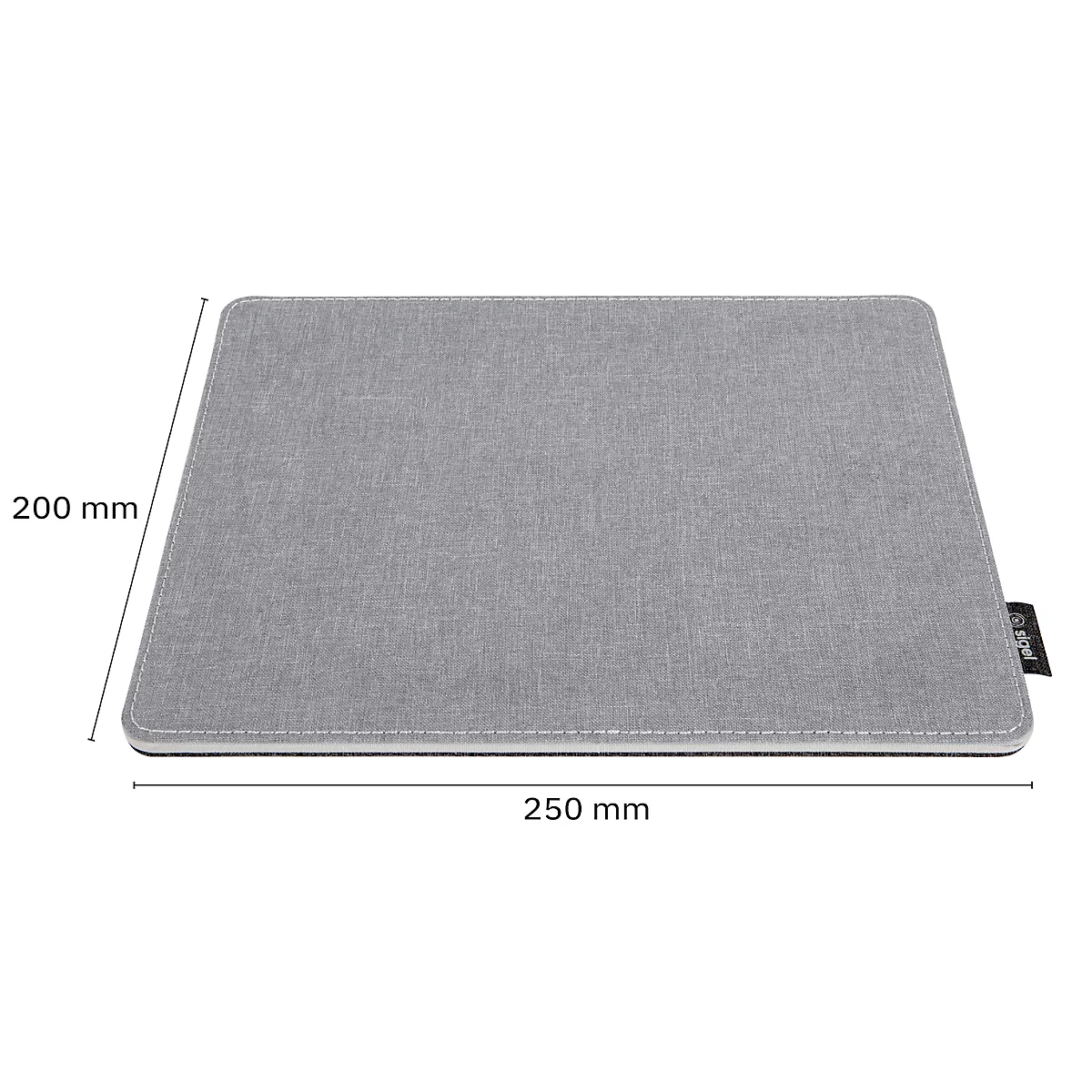 Grey mouse pad with dimensions. 200 mm x 250 mm, label.