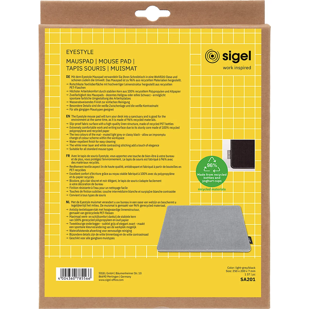 Packaging of a grey mousepad. The packaging says "EYESTYLE", "MOUSE PAD", "SIGEL". The packaging has the label "98% Made from recycled bottles and yoghurt cups".