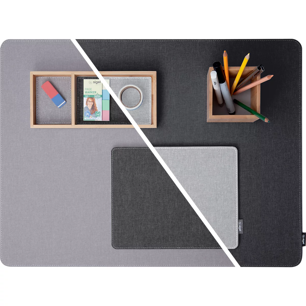 Desk pad with accessories: pencils, eraser, tape. Divided into gray and black, with a white line.