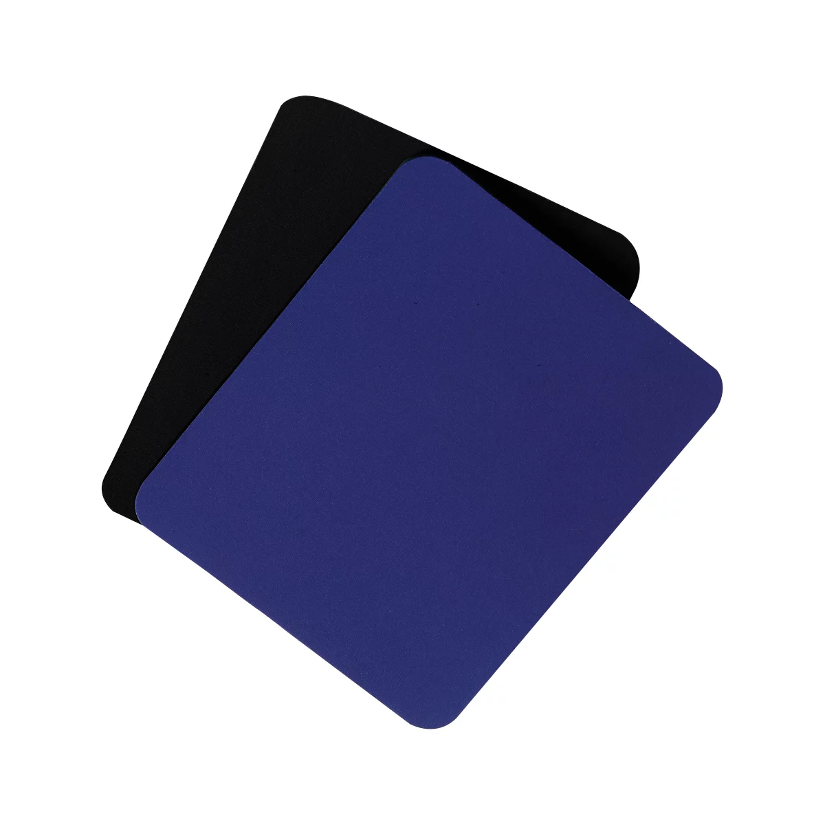 Two square, rounded mousepads, one blue, one black, overlapping.