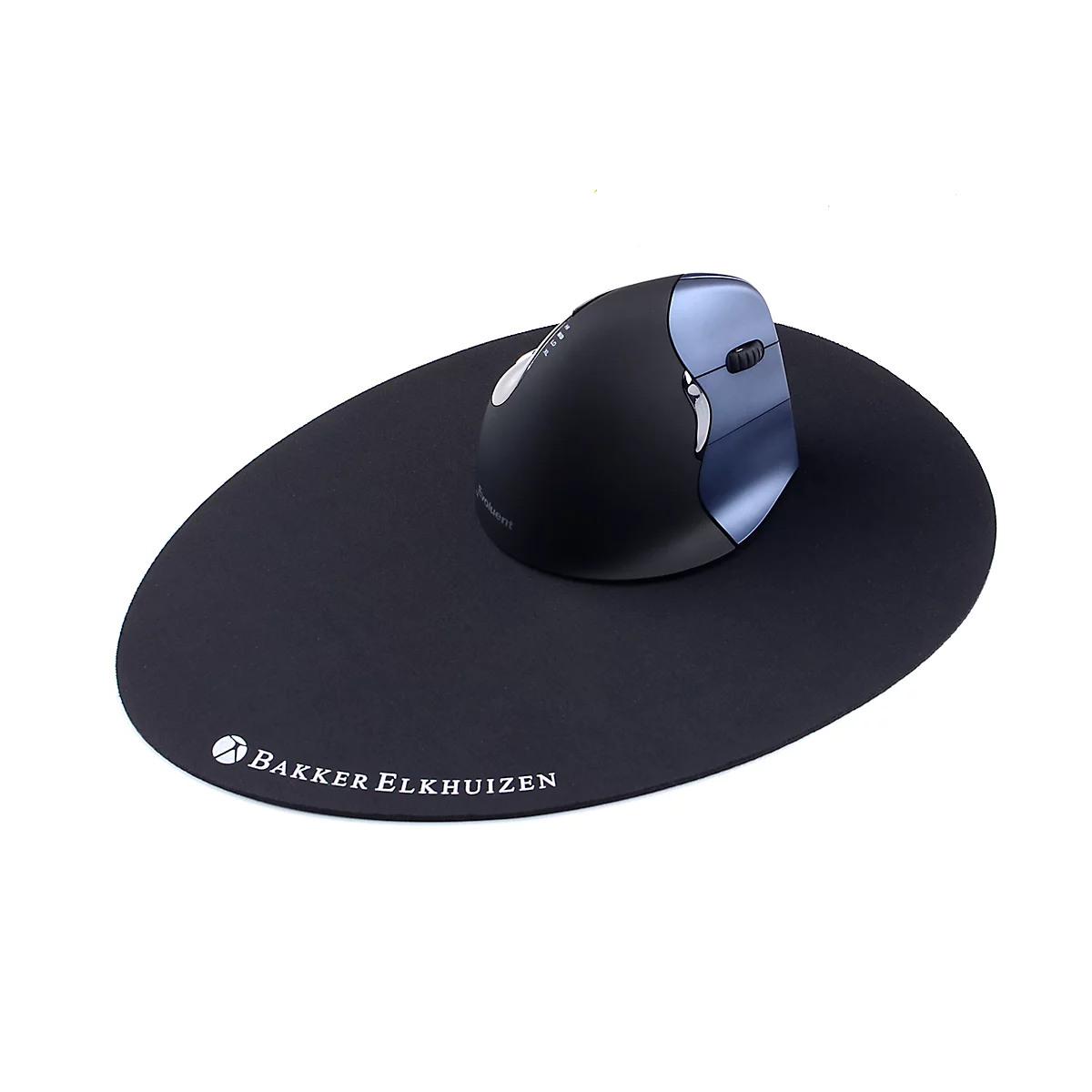Black ergonomic mouse with a blue accent on a black, oval mousepad. "Bakker Elkhuizen" is on the pad.