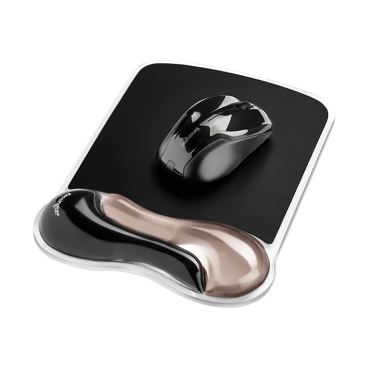 Black mousepad with wrist rest and mouse. White frame. The pad has a rectangular shape with rounded corners.