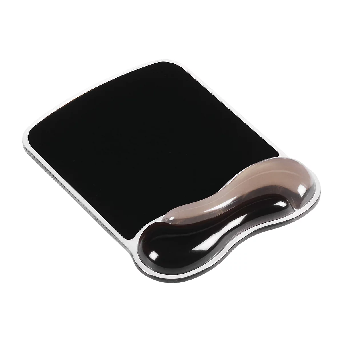 Black mouse pad with wrist rest. White frame. Rests in black and transparent brown.