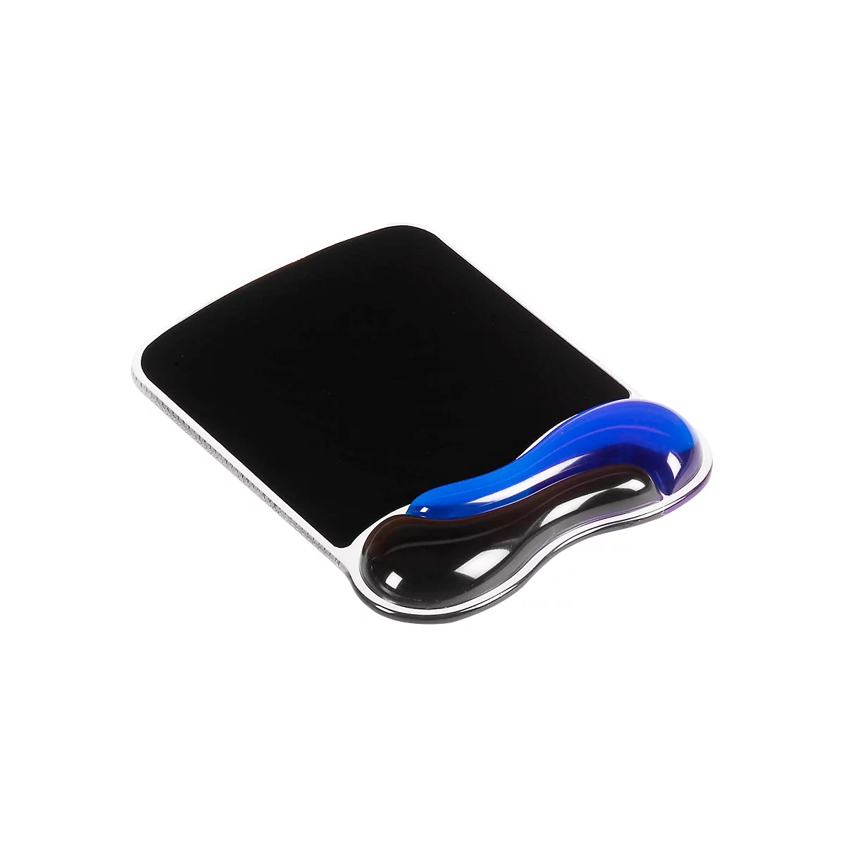 Black mouse pad with white frame and ergonomic wrist rest in blue and black.