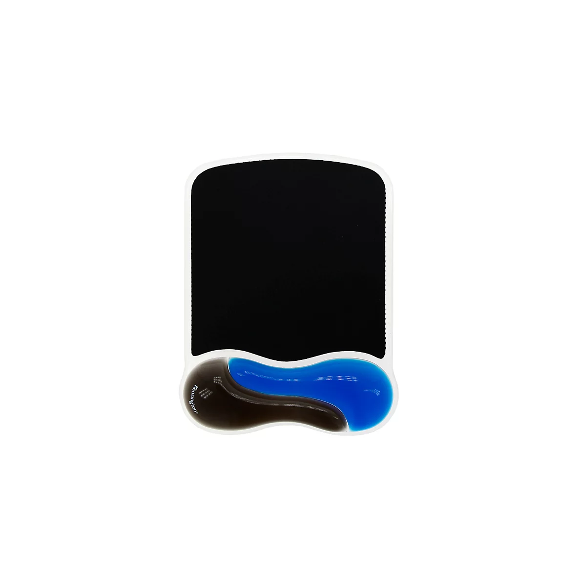 Black mouse pad with blue and brown wrist rest. White border.