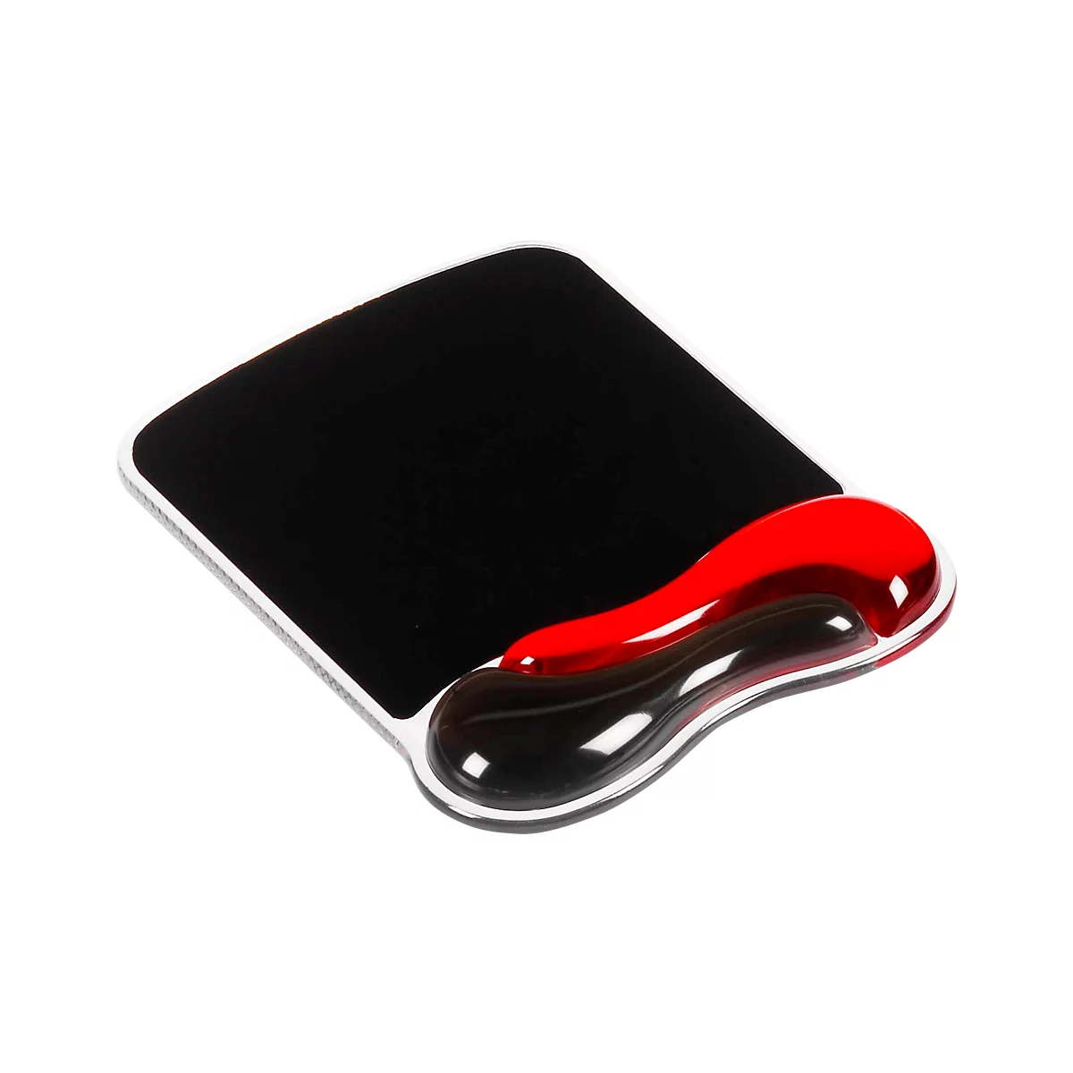 Black, square mousepad with red and black wrist rest.