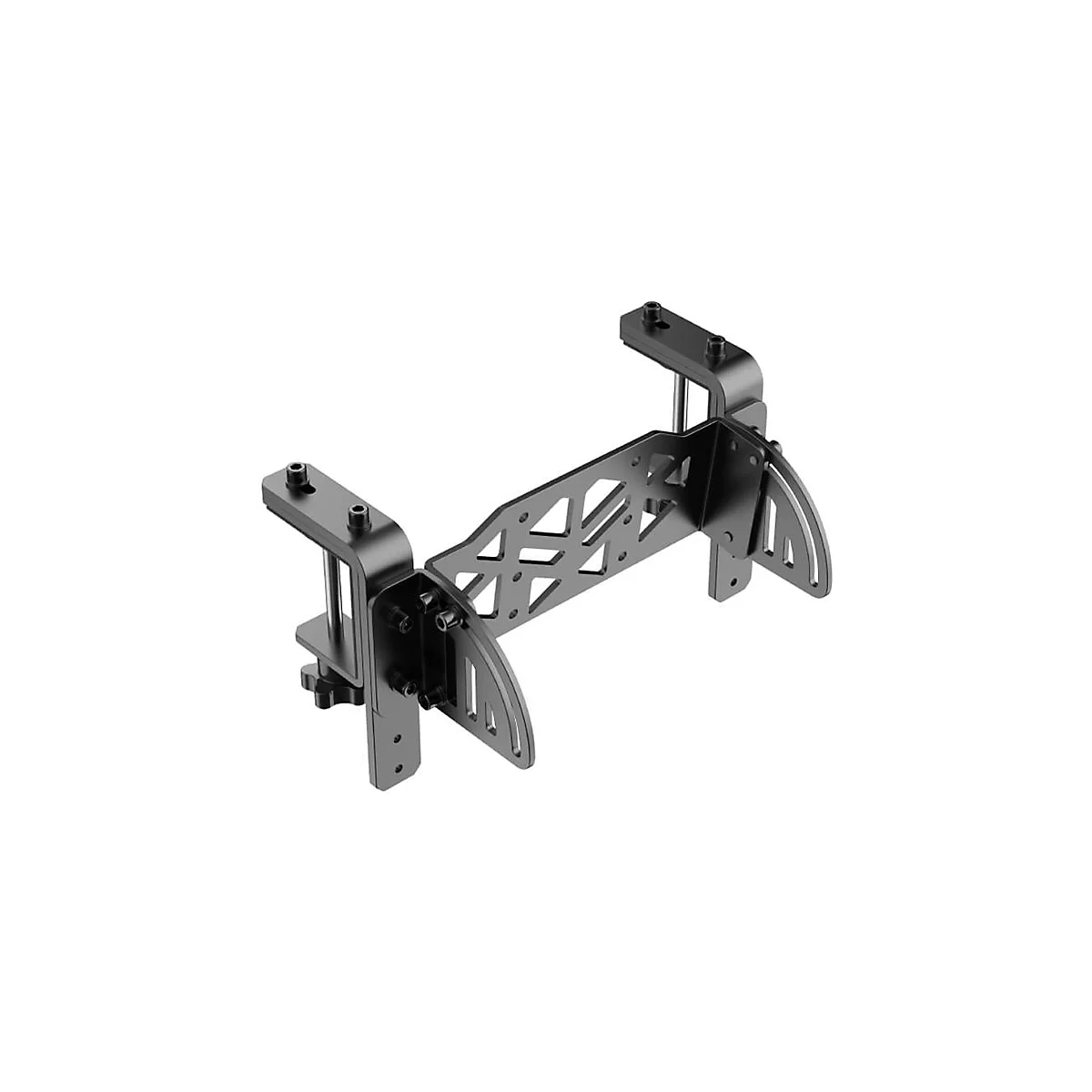 Schwarze Metallhalterung mit Klemmen und verstellbaren Seitenelementen vor weißem Hintergrund.