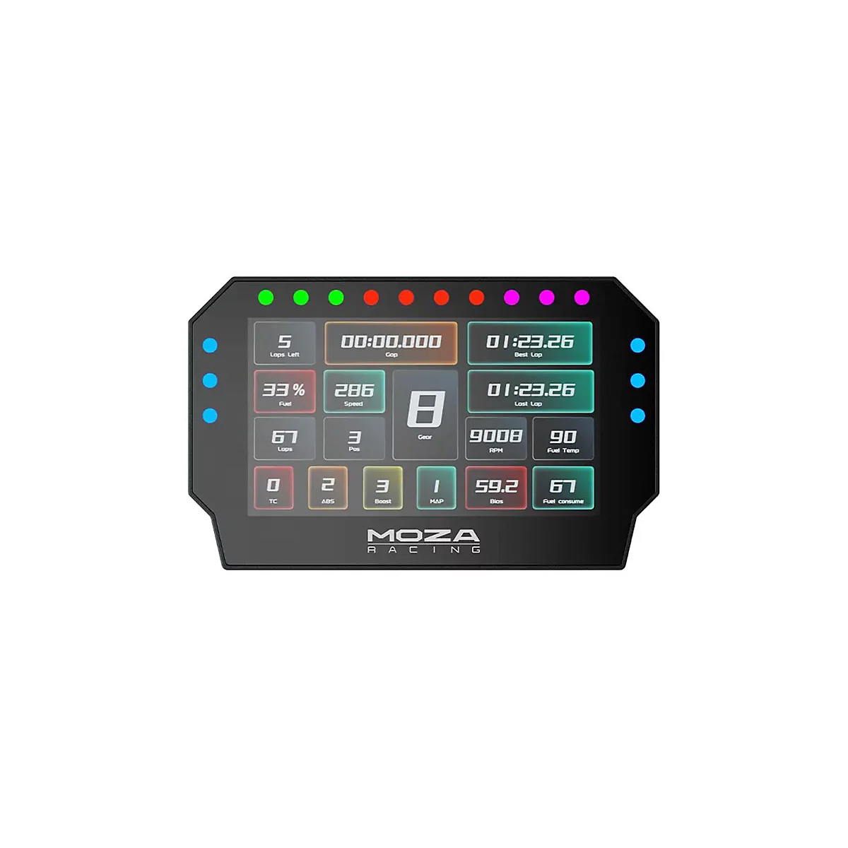 Digitales Display von Moza Racing mit farbigen Anzeigen für Geschwindigkeit, Gang und Rennstatistiken.