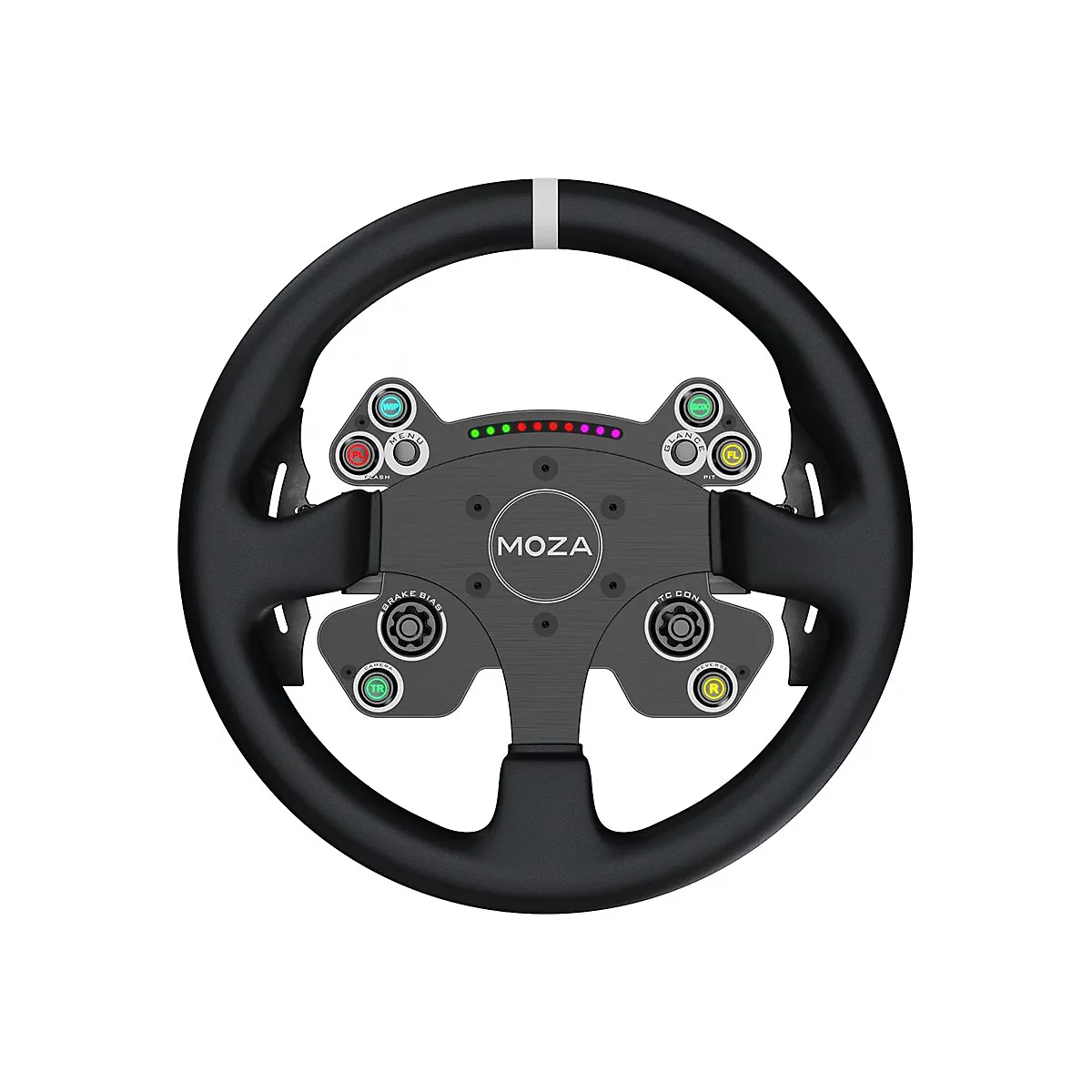 Schwarzes MOZA Gaming-Lenkrad mit vielen Tasten und LED-Anzeige vor weißem Hintergrund.