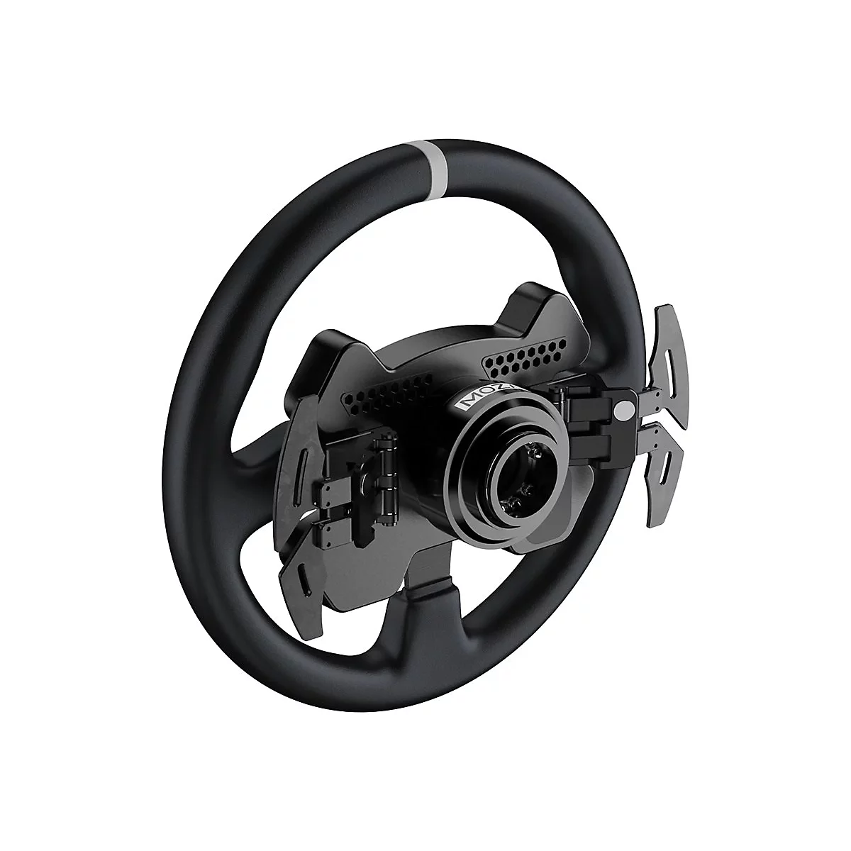 Schwarzes Sim-Racing-Lenkrad mit Schaltwippen vor weißem Hintergrund.