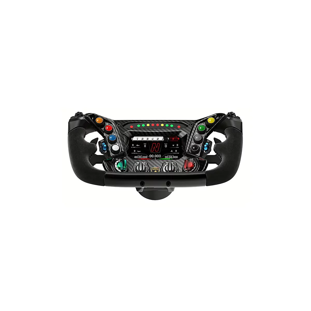 Schwarzes Lamborghini-Rennlenkrad aus Carbon mit digitalem Display, bunten Tasten und Drehreglern vor weißem Hintergrund.