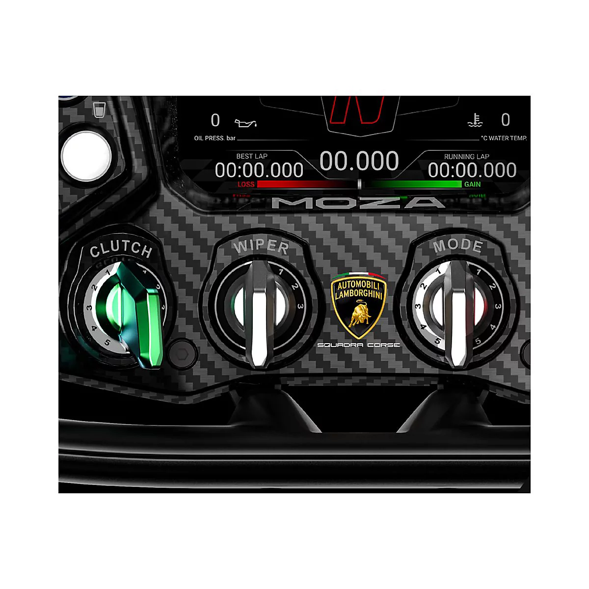Nahaufnahme eines Rennlenkrads mit drei Drehreglern, Carbon-Optik und dem Lamborghini Squadra Corse Logo.