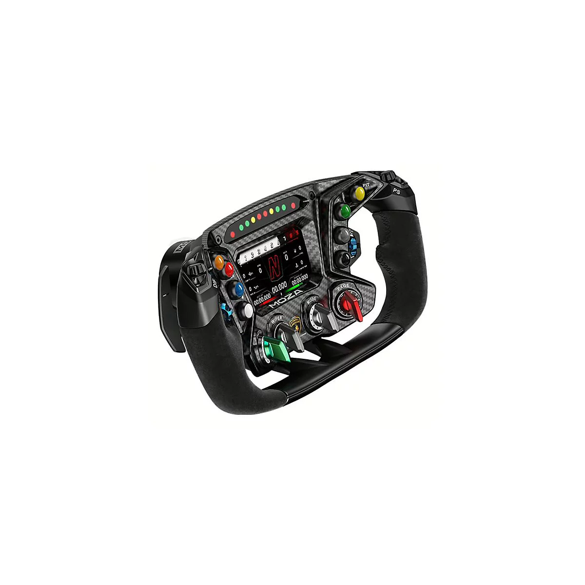 Moza Racing Lenkrad im Carbon-Design mit farbigen Tasten und Display vor weißem Hintergrund.
