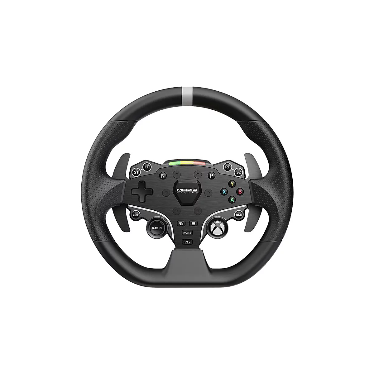 Schwarzes Moza Racing Lenkrad mit zahlreichen Tasten, Schaltwippen und zentralem Markenlogo vor weißem Hintergrund.