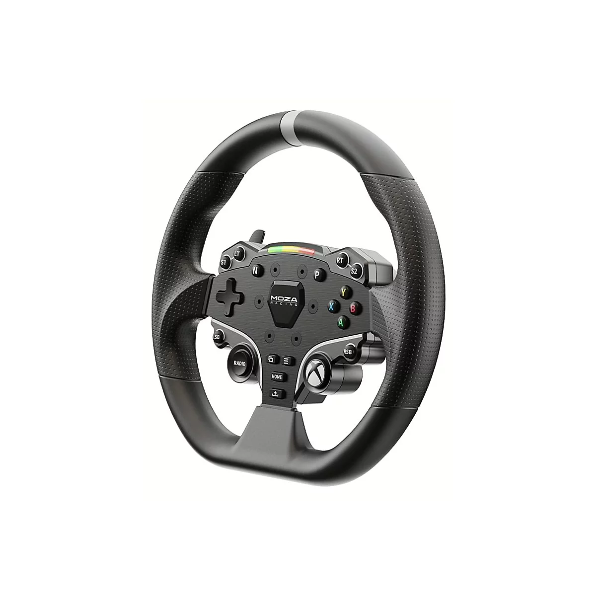 Schwarzes Moza Racing Lenkrad mit strukturiertem Griff, zahlreichen Tasten und Xbox-Controller-Elementen.