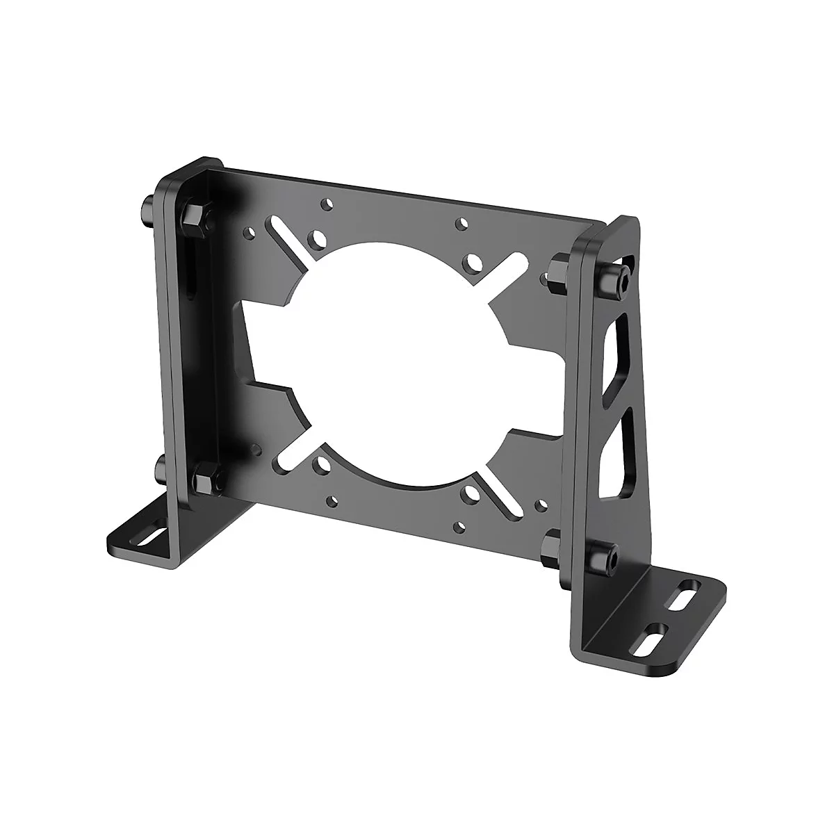 Schwarze Metallhalterung mit zentraler runder Aussparung und Langlöchern auf weißem Hintergrund.