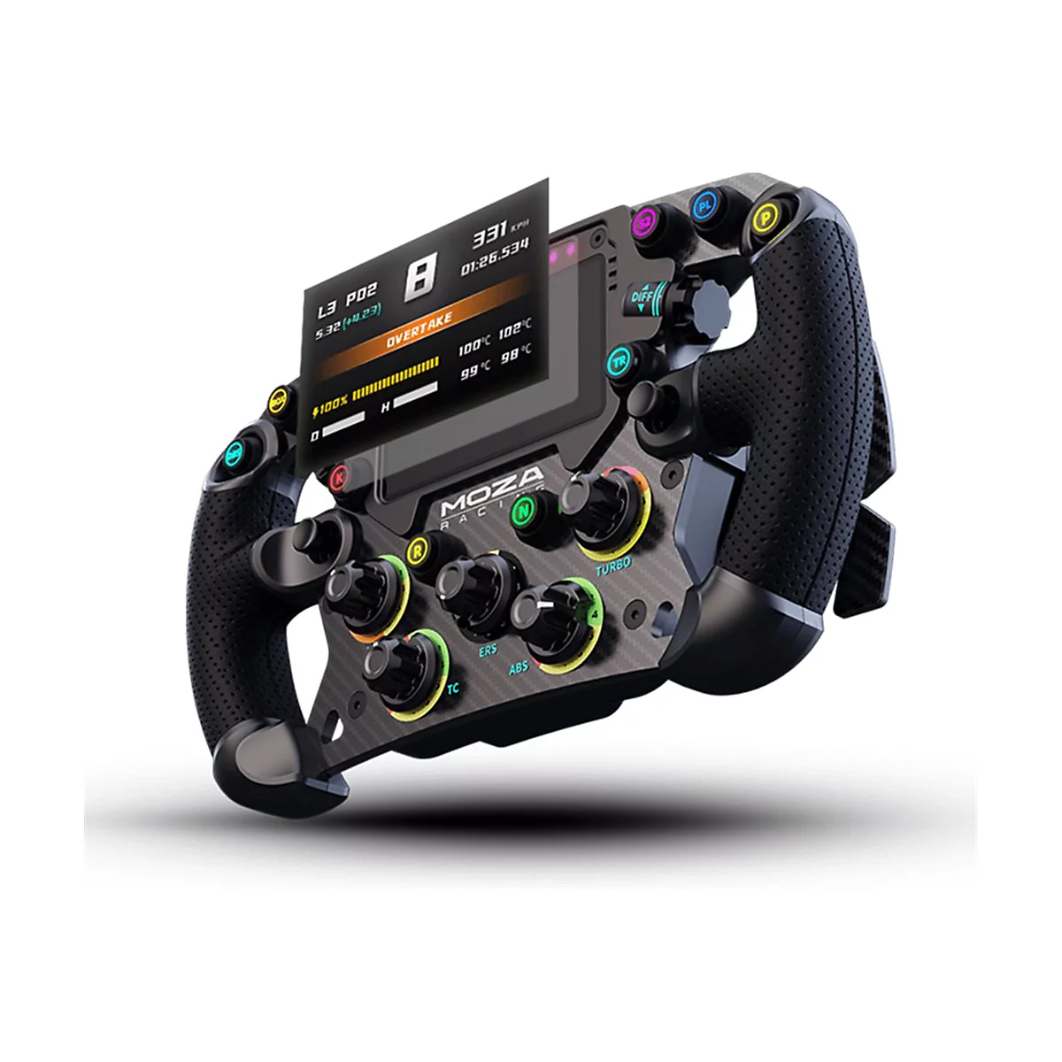 Schwarzes Rennlenkrad mit Display und Knöpfen. Es zeigt Daten an und trägt das Logo MOZA RACING.