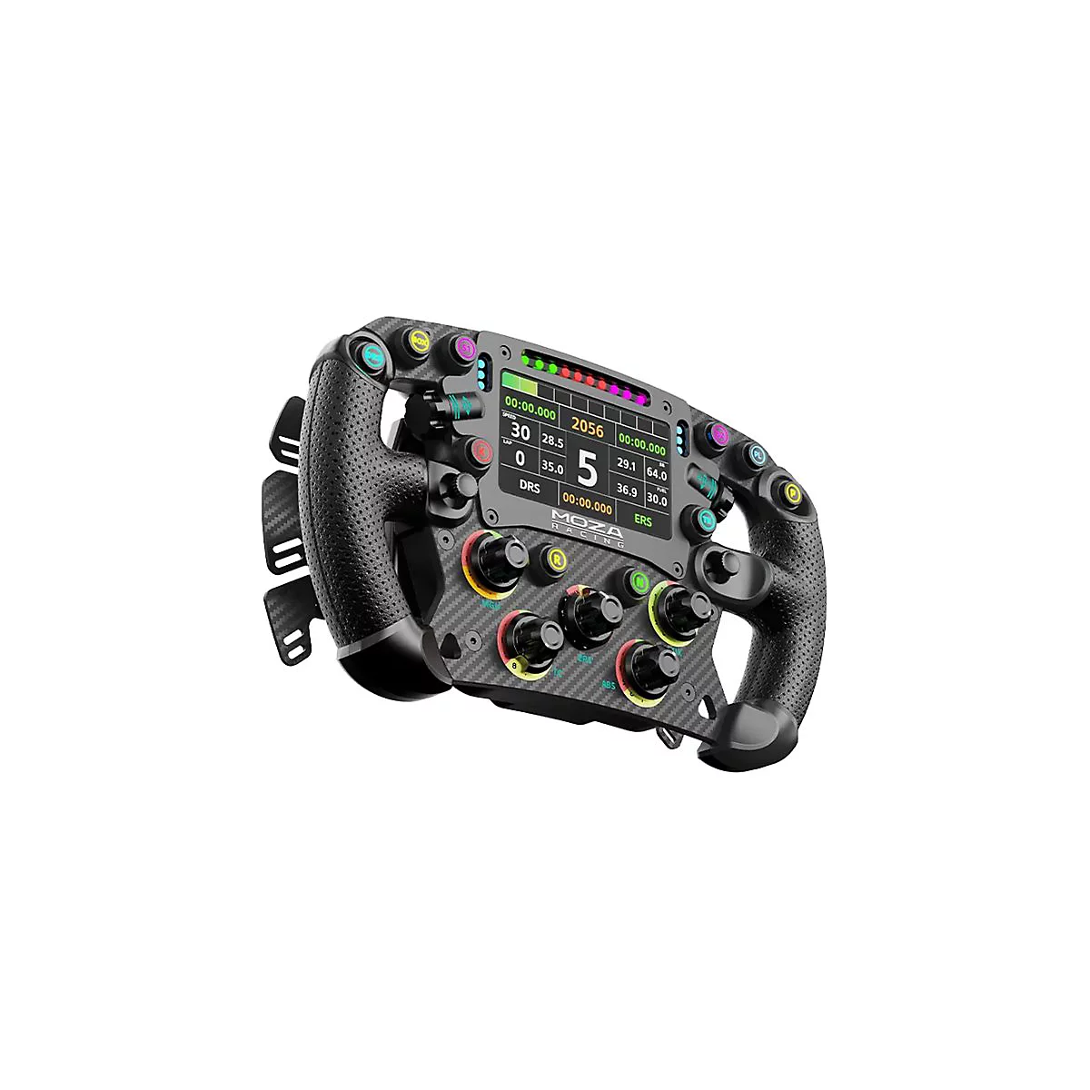 Moza Racing Lenkrad aus Carbon mit integriertem Display und zahlreichen farbigen Bedientasten vor weißem Hintergrund.