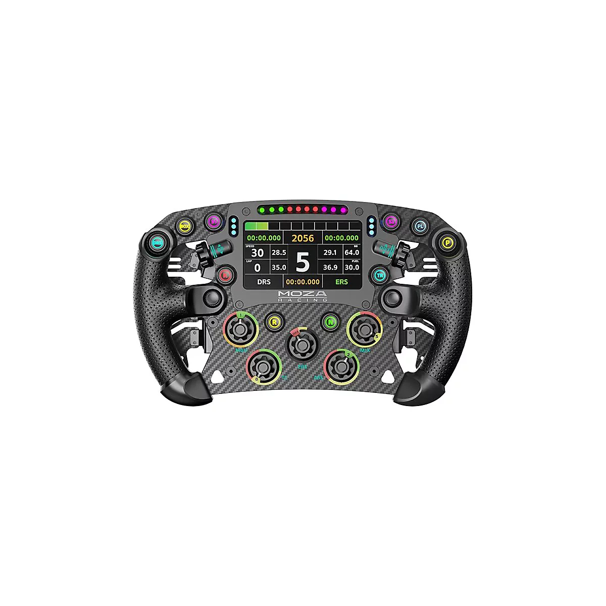 Moza Racing Lenkrad mit Carbon-Optik, digitalem Display und zahlreichen bunten Knöpfen vor weißem Hintergrund.