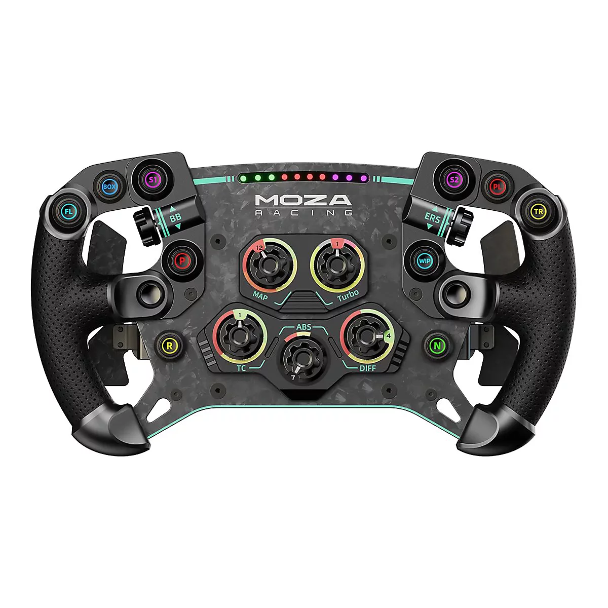 Schwarzes MOZA Racing-Lenkrad mit Carbon-Optik, zahlreichen bunten Knöpfen, Drehreglern und einer LED-Anzeige.