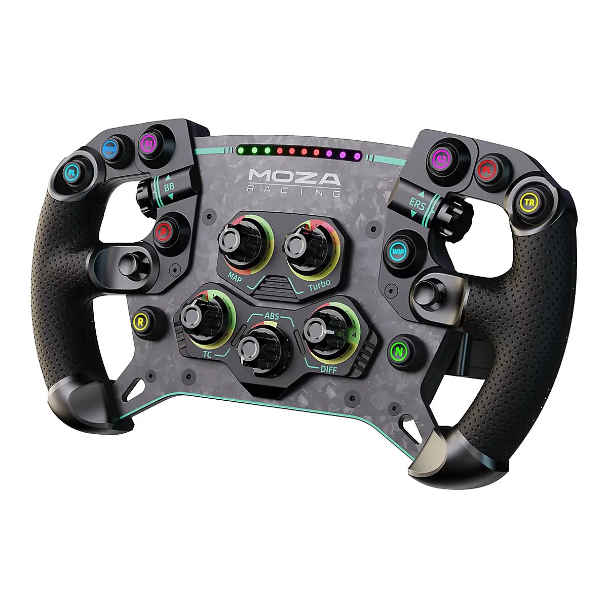 Moza Racing Lenkrad mit Carbon-Optik, zahlreichen bunten Knöpfen und Drehreglern vor weißem Hintergrund.