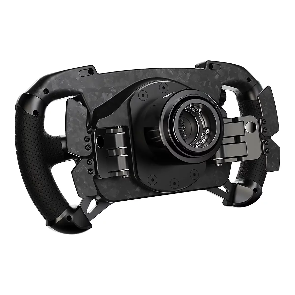 Rückseite eines schwarzen Sim-Racing-Lenkrads mit Carbonoptik und sichtbarem Schnellverschlussmechanismus.