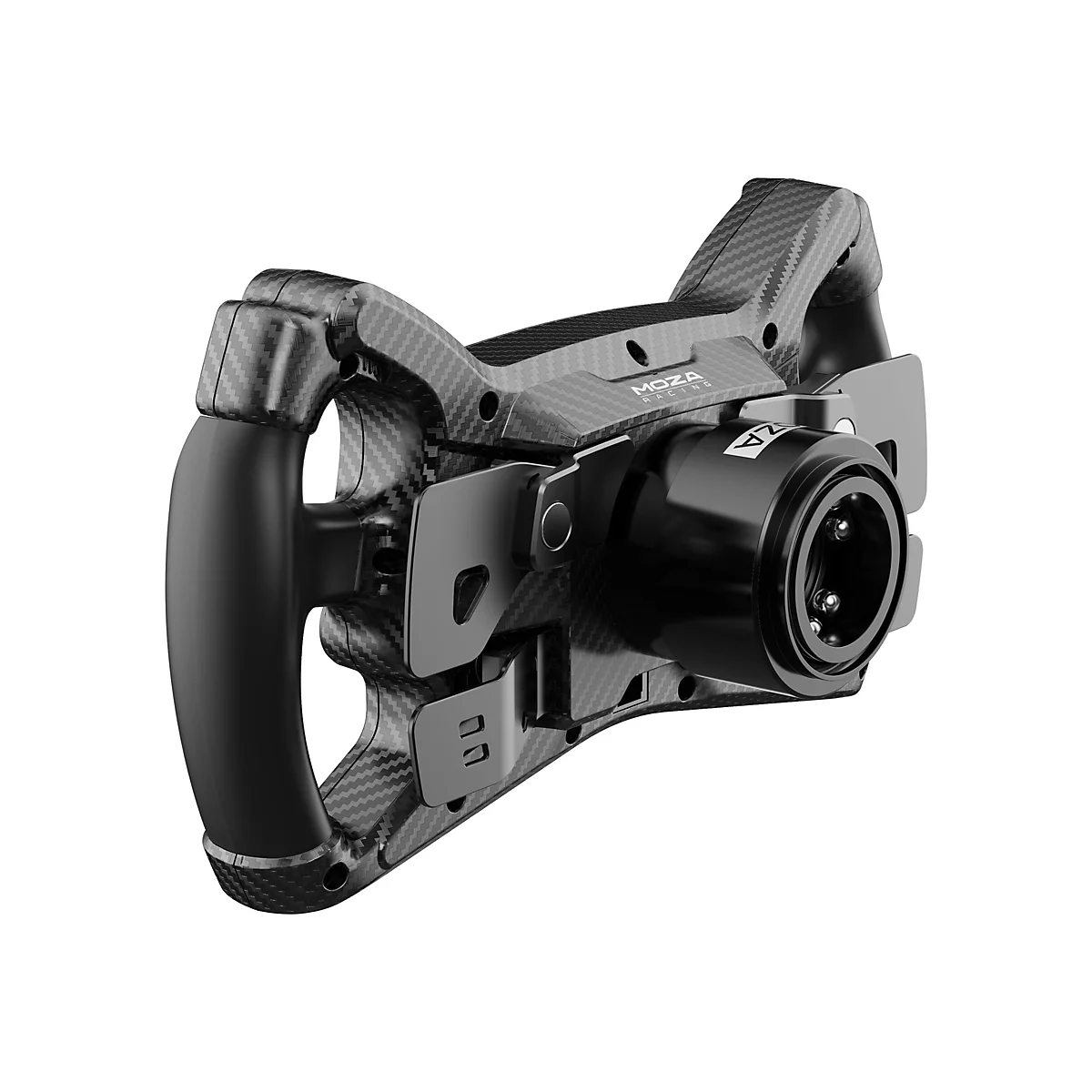 Ein Carbon-Lenkrad für Rennsimulationen mit MOZA Racing Schriftzug. Auf weißem Hintergrund.