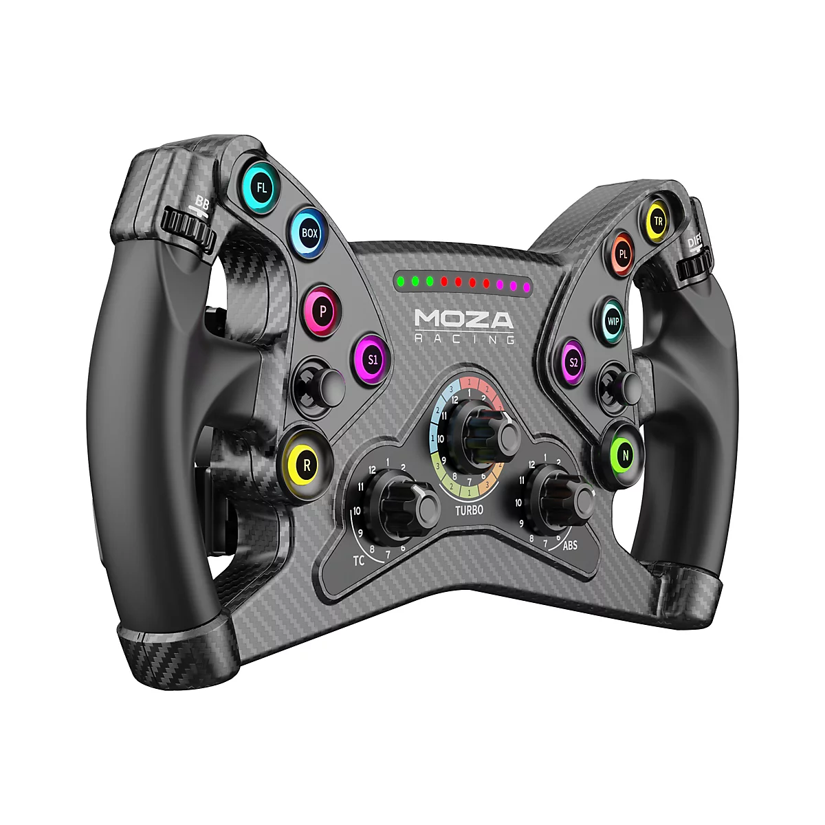 Ein Carbon-Lenkrad mit vielen Knöpfen und Reglern, darunter ein Drehteller mit TURBO Beschriftung und ein Display mit farbigen Lichtern.