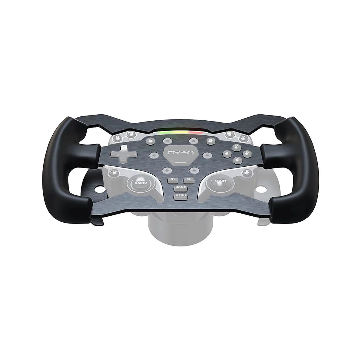 Schwarzes MOZA Racing-Lenkrad mit zahlreichen Bedienelementen, Tasten und LED-Anzeige auf weißem Hintergrund.