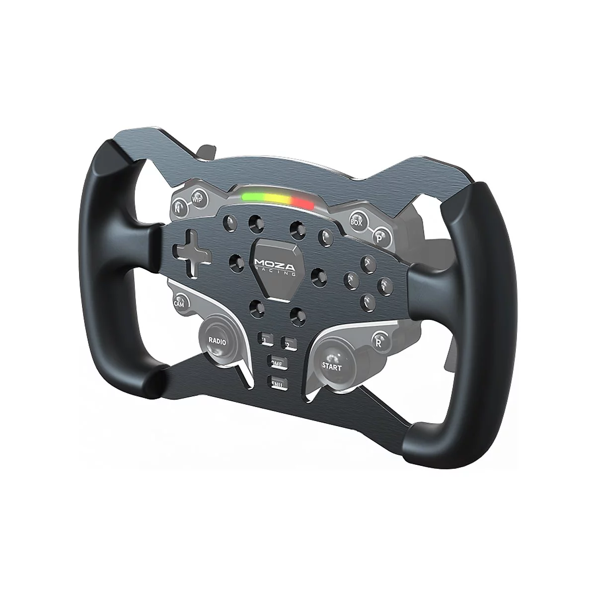 Schwarzes Moza Racing Lenkrad mit LED-Anzeige, zahlreichen Knöpfen und ergonomischen Griffen.