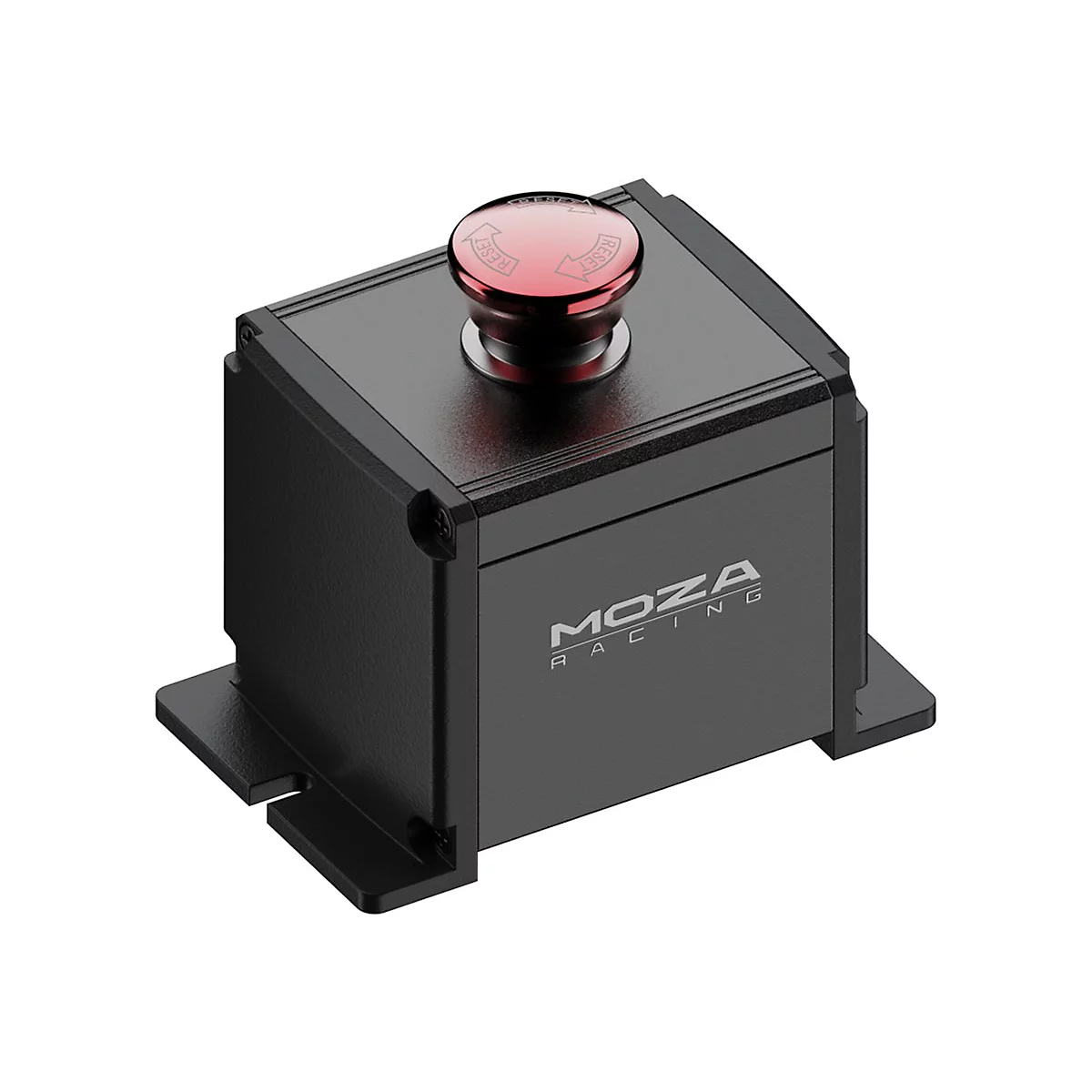 Schwarzes Moza Racing Not-Aus-Modul mit rotem Reset-Knopf auf einem weißen Hintergrund.