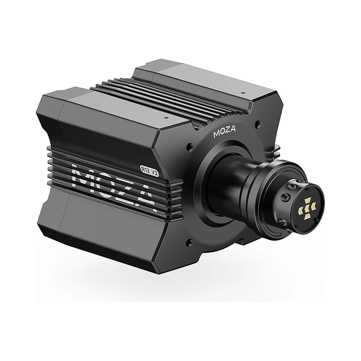 Schwarze MOZA R12 V2 Direct-Drive-Basis für Sim-Racing mit Logo vor weißem Hintergrund.
