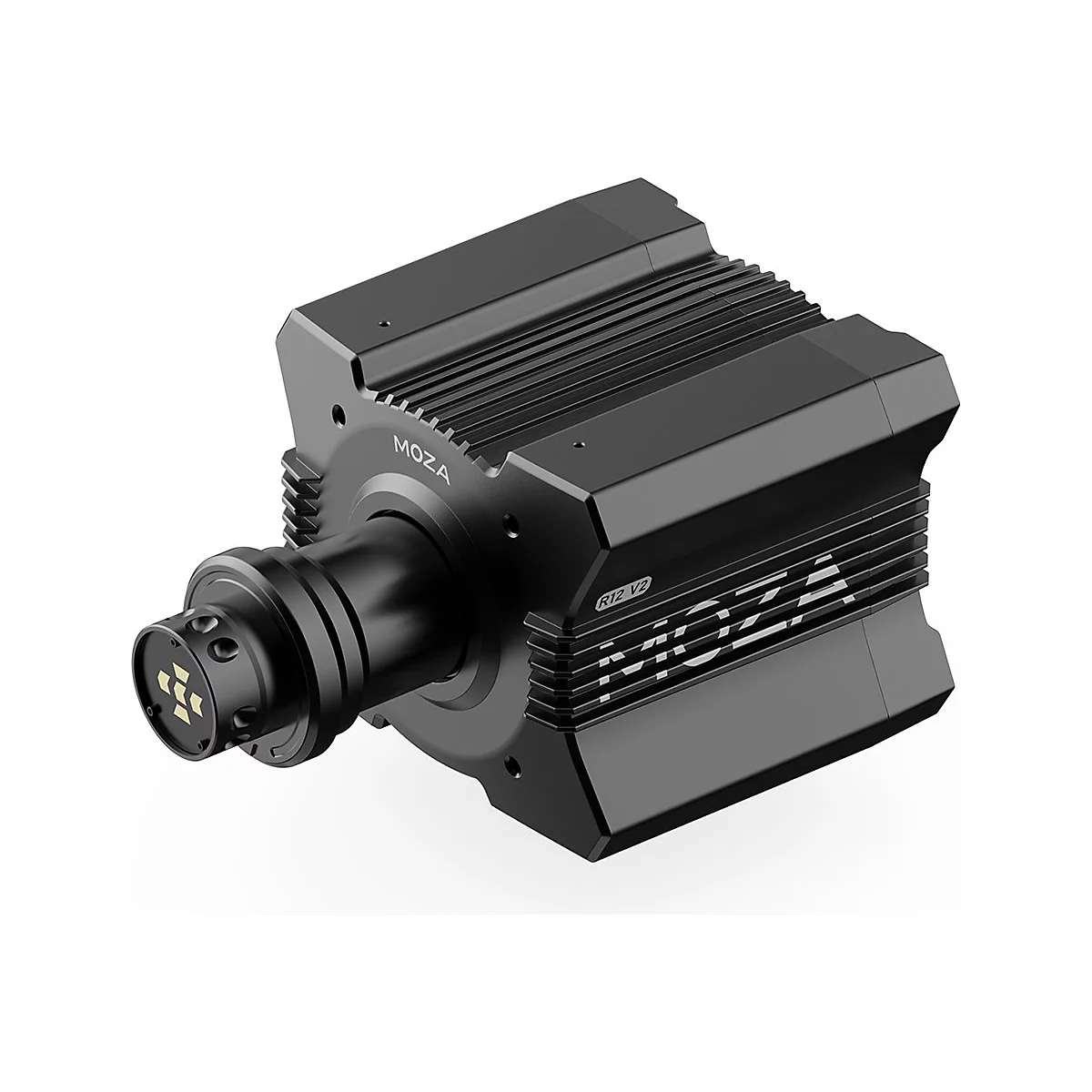 Schwarze MOZA R12 V2 Direct Drive Wheelbase für Sim-Racing vor weißem Hintergrund.