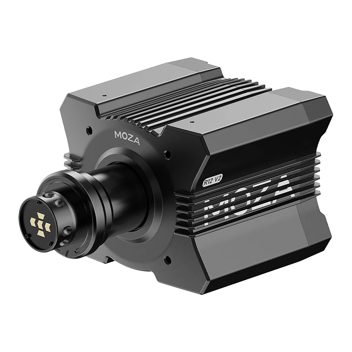 Schwarze Moza R12 V2 Direct-Drive-Wheelbase für Sim-Racing mit markantem Kühlrippendesign.