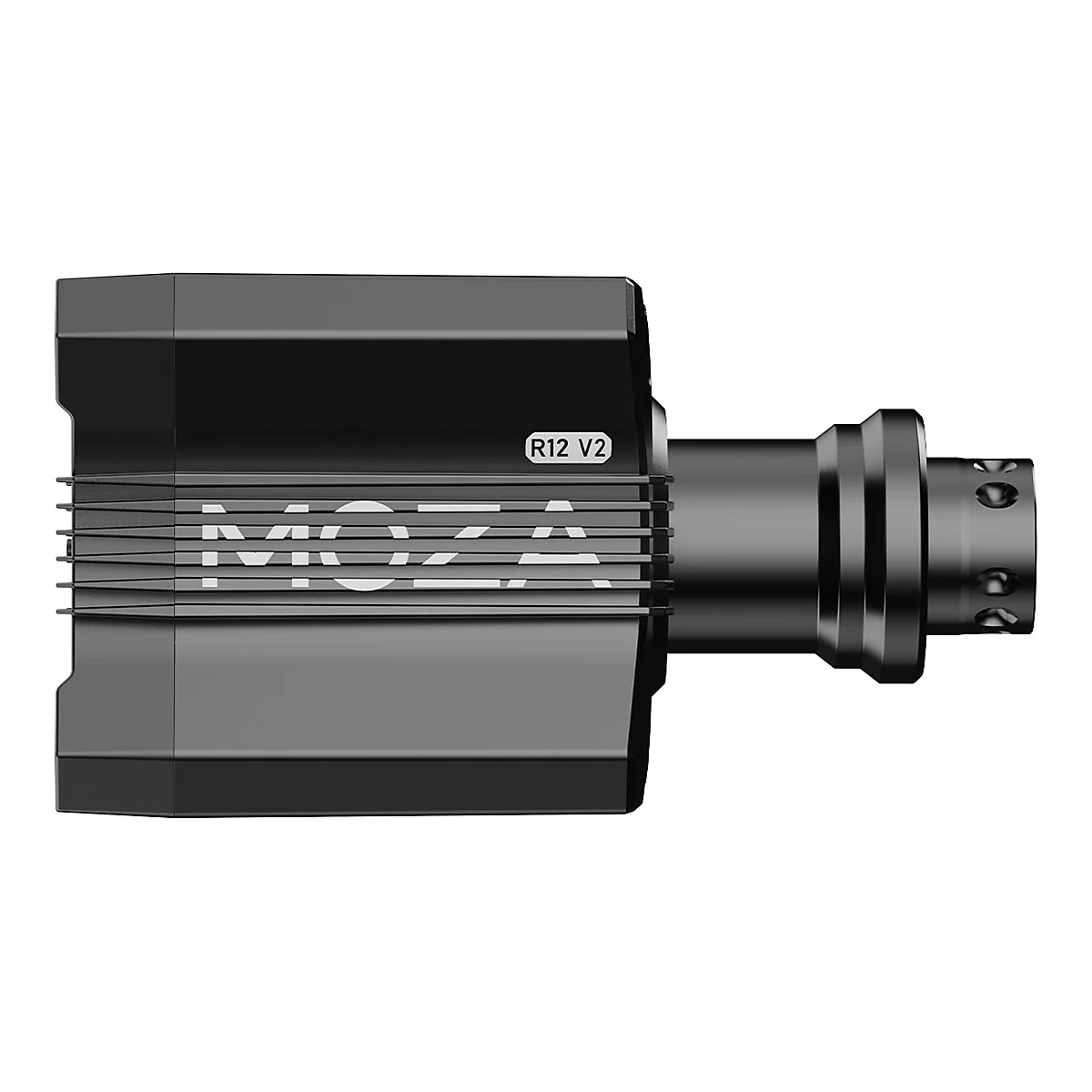 Schwarzer Moza R12 V2 Direct Drive Rennsimulator-Wheelbase vor weißem Hintergrund.