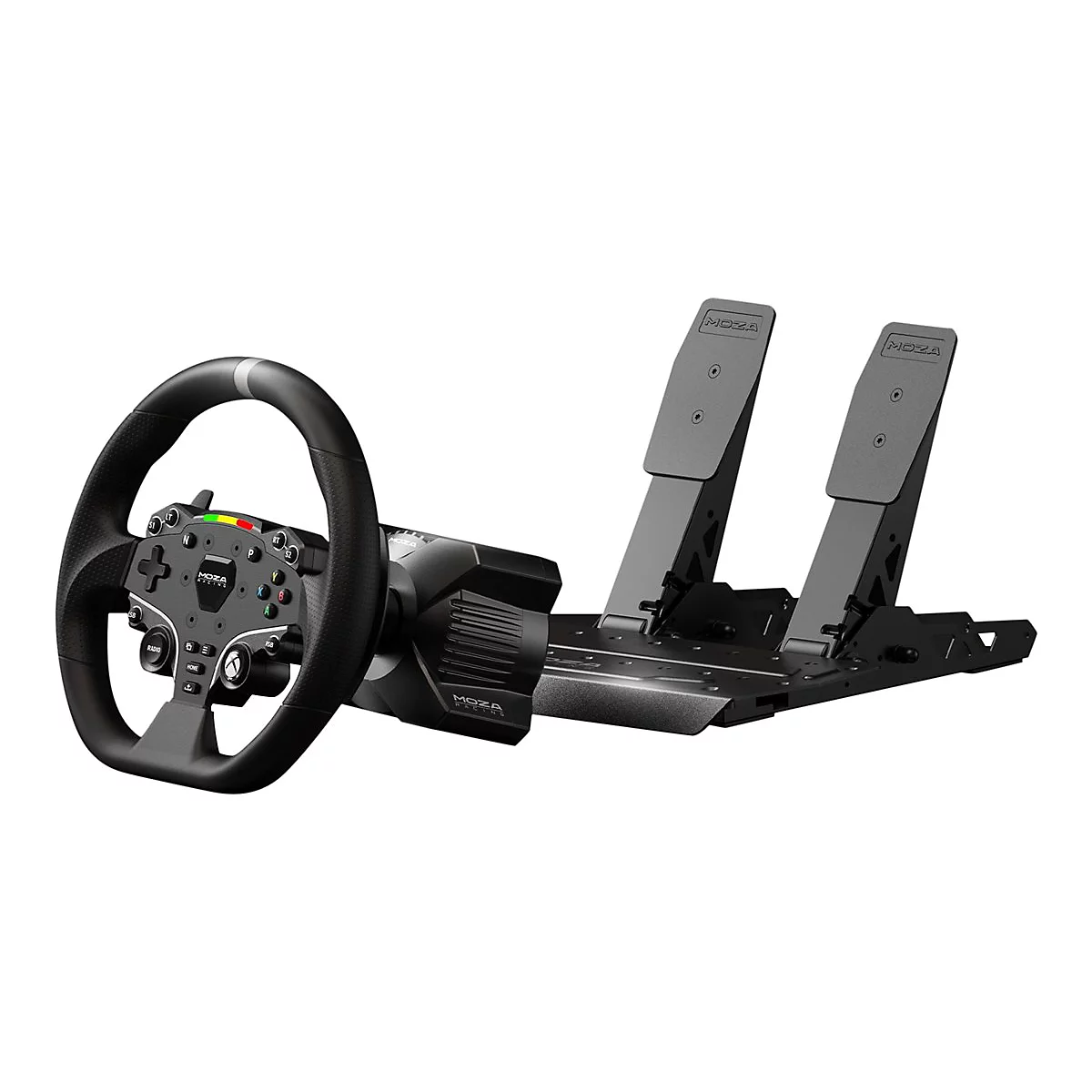 Schwarzes Moza Racing Lenkrad mit Pedalerie auf weißem Hintergrund.
