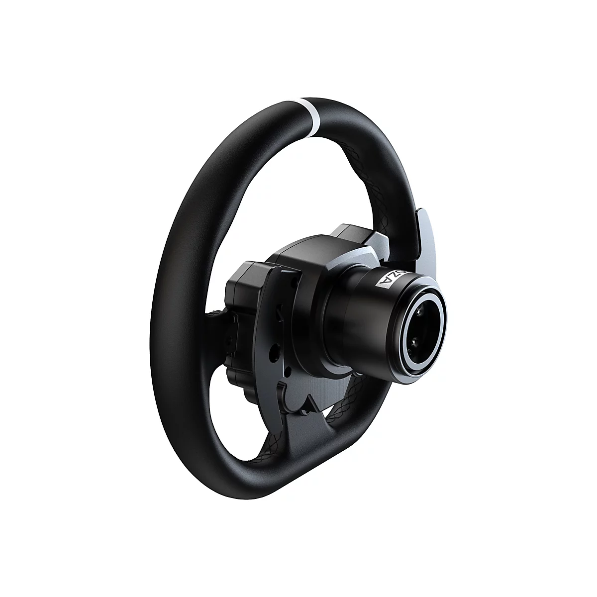 Ein schwarzes Lenkrad, mit einem weißen Streifen auf der Oberseite und metallischen Details. Auf der Nabe ist der Markenname zu sehen.