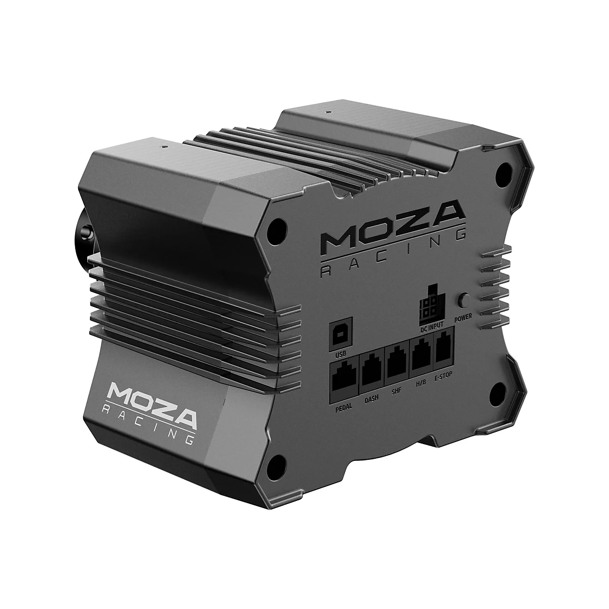 Grauer rechteckiger Metallkasten mit dem Aufdruck MOZA RACING. Anschlüsse: USB, Pedal, Dash, SHF, H/B, E-Stop. Power-Anzeige.
