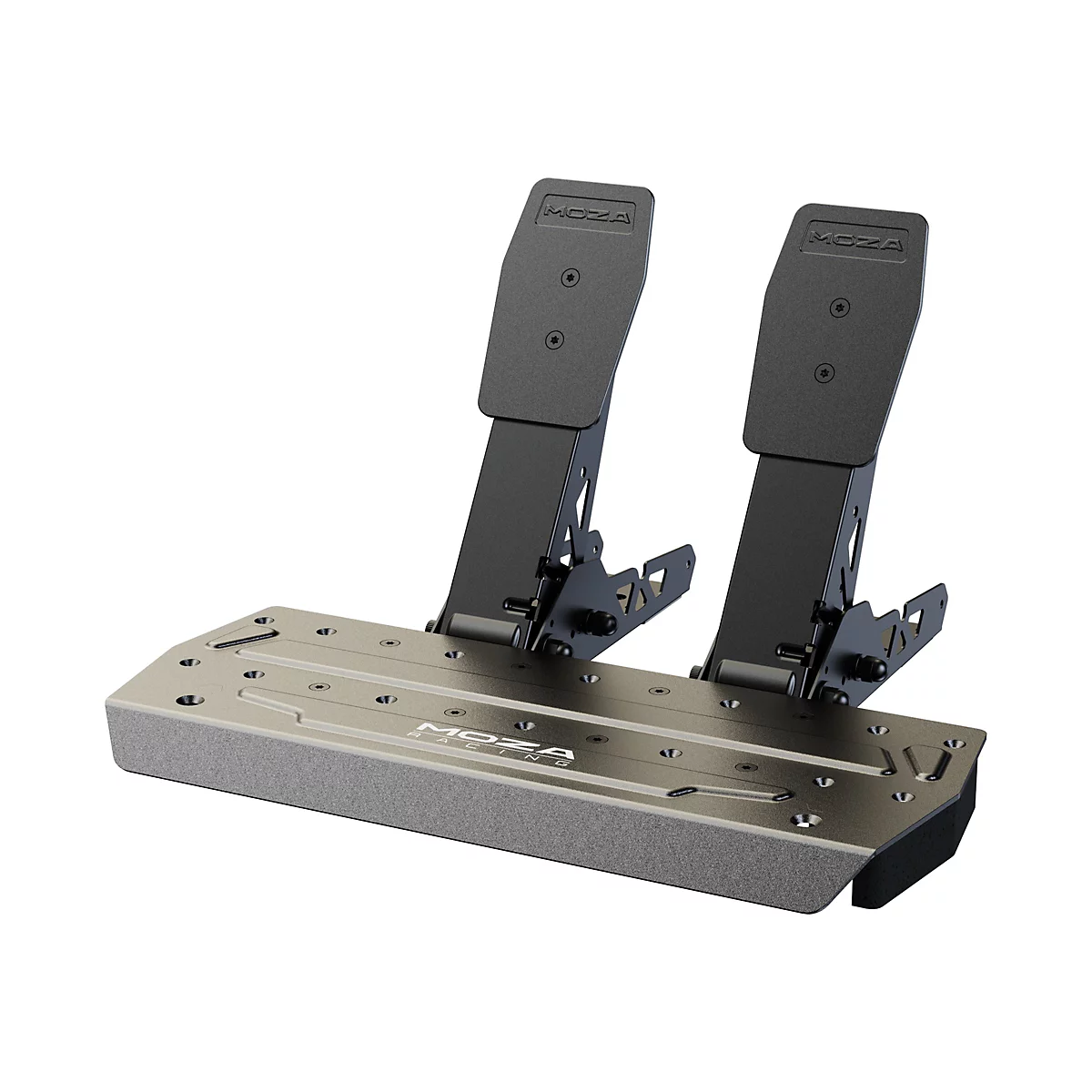 Detailaufnahme eines schwarzen Rennpedals mit MOZA-Logo. Auf einer silberfarbenen Grundplatte montiert.