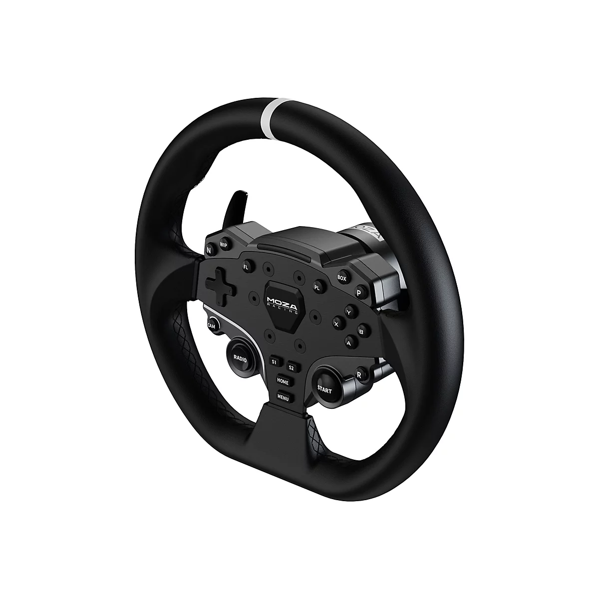 Ein schwarzes Lenkrad für Rennspiele mit zahlreichen Knöpfen und dem Schriftzug "MOZA RACING".