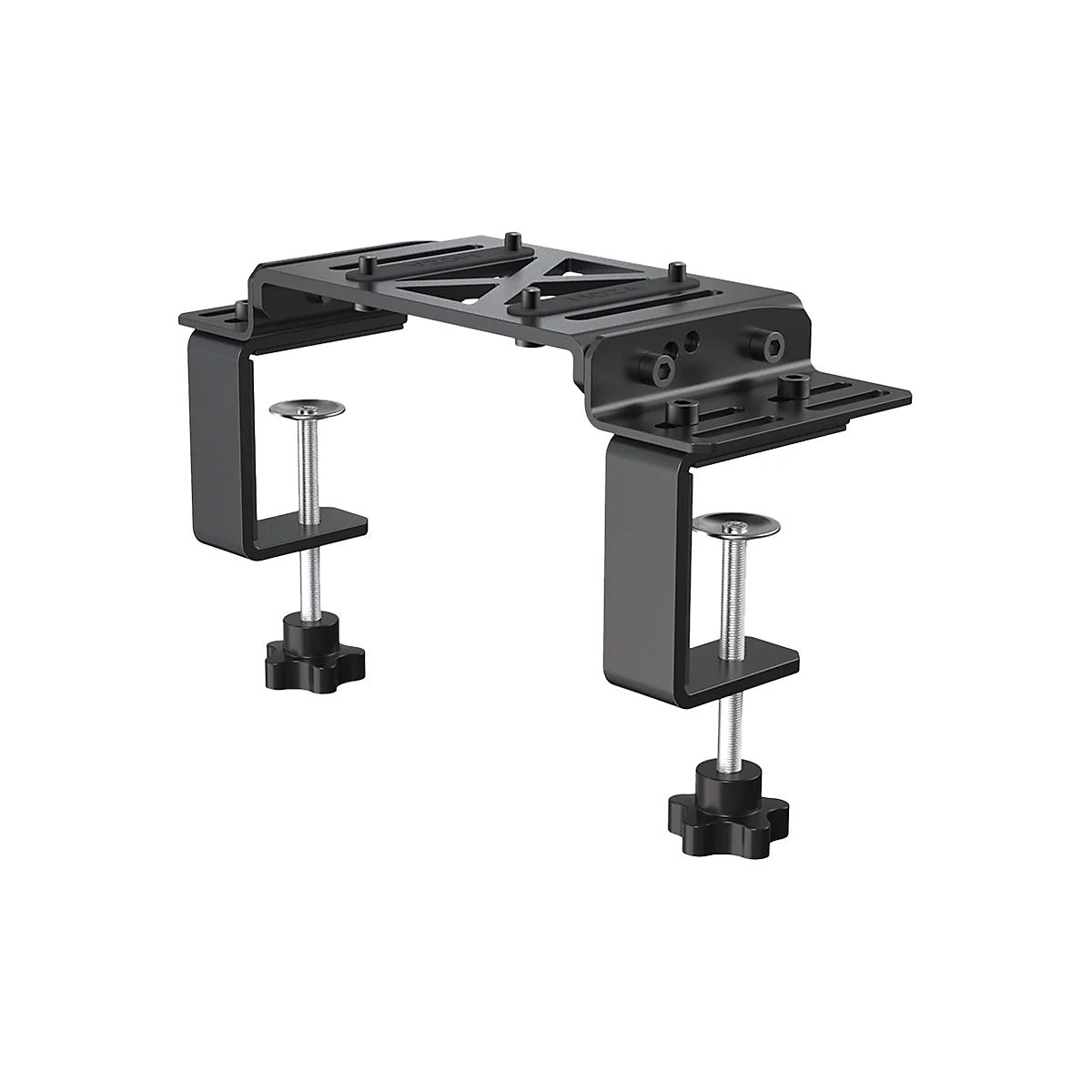 Schwarze Tischhalterung für Geräte, mit Schraubklemmen.