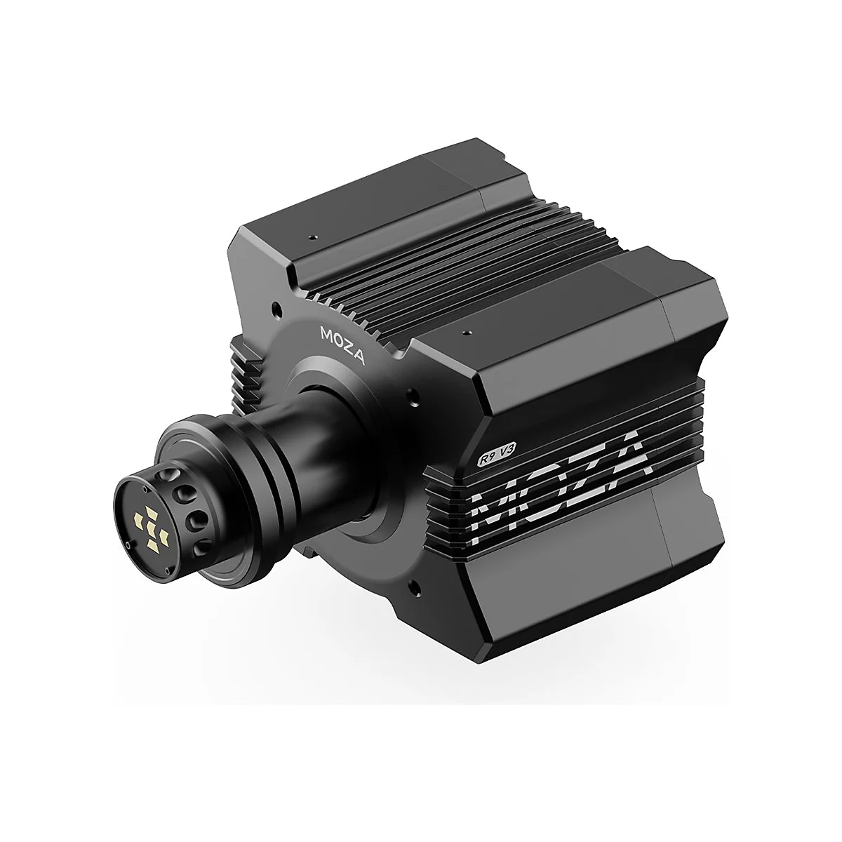 Schwarze MOZA R9 V3 Direct Drive Lenkradbasis vor weißem Hintergrund.