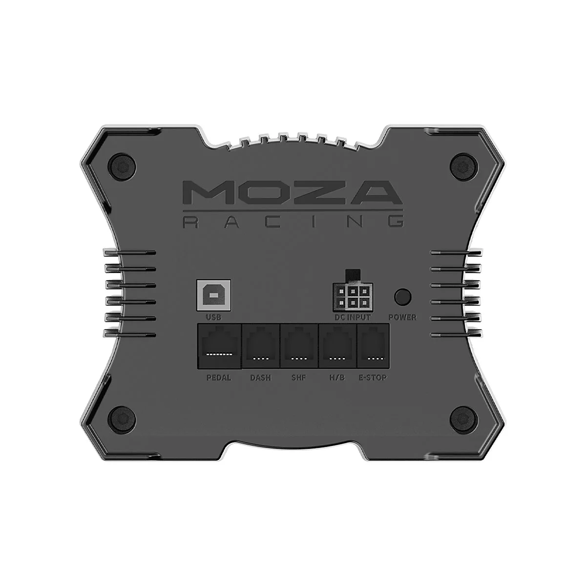 Die Rückseite eines schwarzen Moza Racing Hubs mit verschiedenen Anschlüssen wie USB, DC Input und Ports für Zubehör.