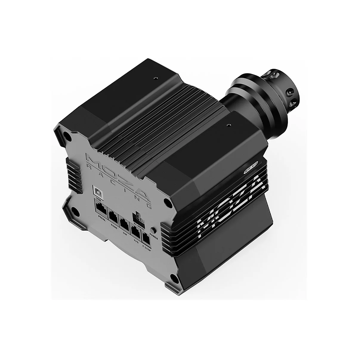 Schwarze Moza R9 V3 Direct Drive Wheelbase für Sim-Racing mit rückseitigen Anschlüssen.
