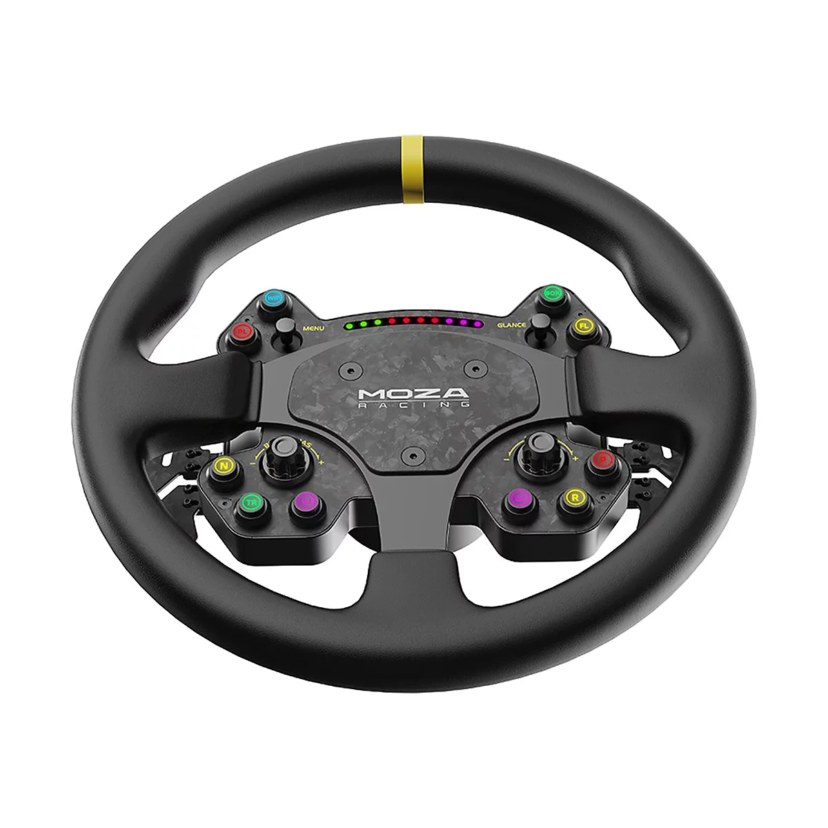 Schwarzes Moza Racing Lenkrad mit bunter Tastenbelegung und Carbon-Optik vor weißem Hintergrund.