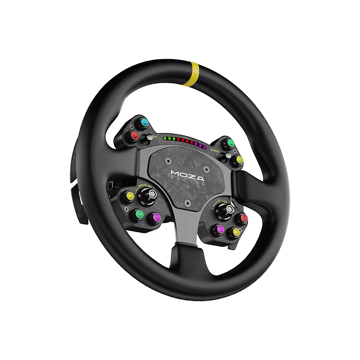 Schwarzes Moza Racing Lenkrad mit bunter Knopfbelegung, LED-Anzeige und gelber Mittenmarkierung auf weißem Grund.