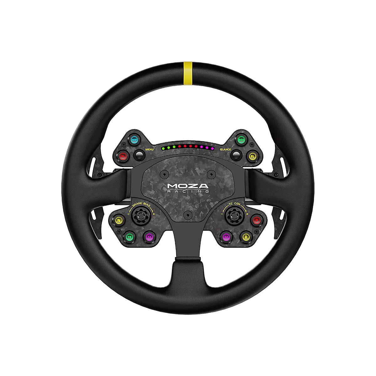 Moza Racing Lenkrad mit schwarzem Kranz, gelber Markierung oben und zahlreichen farbigen Bedientasten.