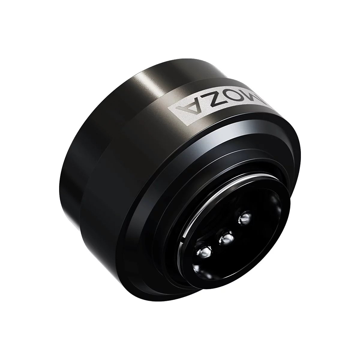 Schwarzer, zylindrischer Moza-Adapter aus Metall mit silbernem Logo und sichtbaren Kontaktstiften.