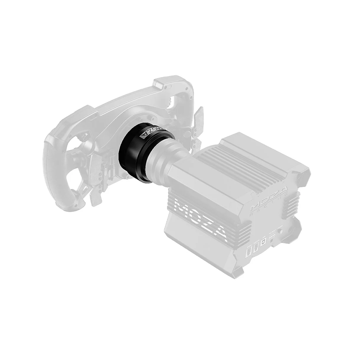 Schwarzer Moza-Schnellwechseladapter, der ein Lenkrad mit einer Direct-Drive-Basis verbindet.