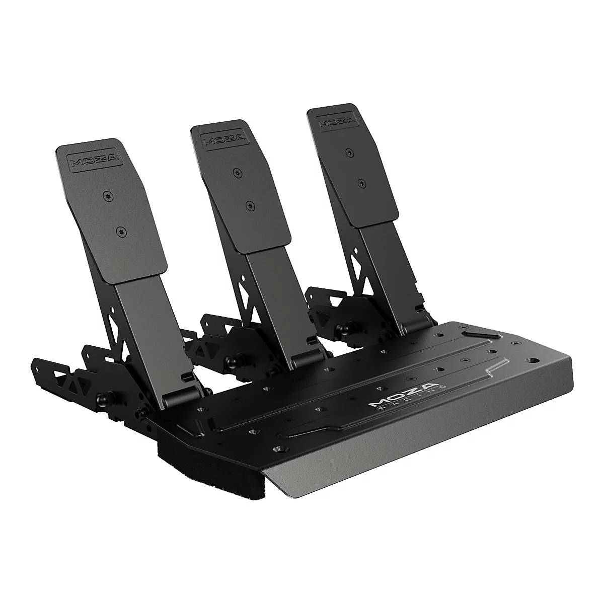 Schwarzes Sim-Racing-Pedalset von Moza Racing mit drei Pedalen auf einer Bodenplatte.